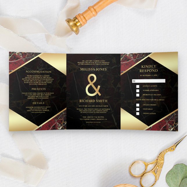 Invitation Trois Volets Ampersand Mariage en marbre rouge bordeaux moderne (Créateur téléchargé)