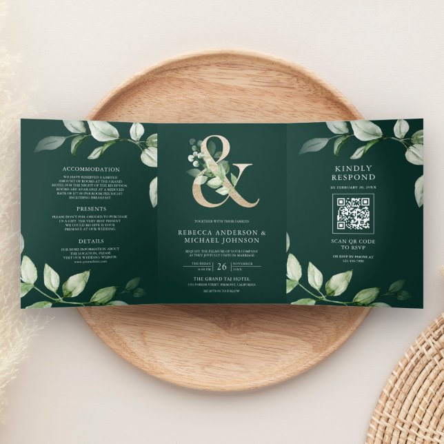 Invitation Trois Volets Ampersand or vert QR Code Emerald Mariage (Créateur téléchargé)