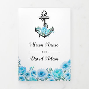 Invitation Trois Volets Ancre bleu aquarelle fleurs nautique mariage