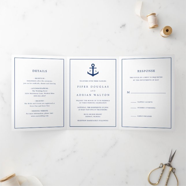 Invitation Trois Volets Ancre bleu marine Monogramme Nautique Élégant mari (Intérieur)