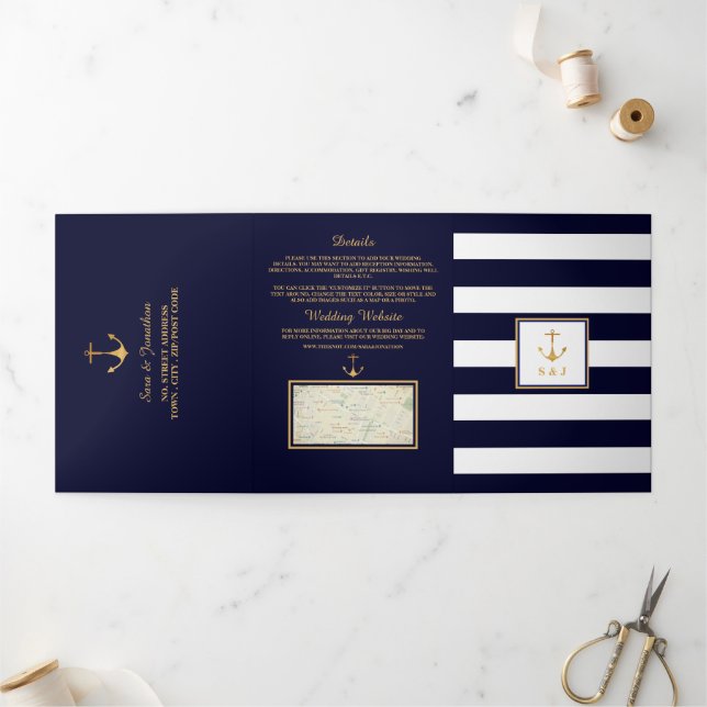 Invitation Trois Volets Ancre d'or Suite de Mariage bleu et blanc de la ma (Extérieur)