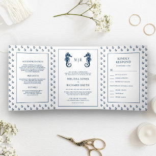 Invitation Trois Volets Ancre nautique blanc et bleu Mariage hippocampe