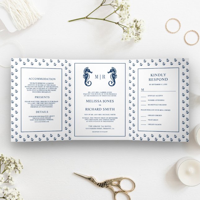 Invitation Trois Volets Ancre nautique blanc et bleu Mariage hippocampe (Créateur téléchargé)