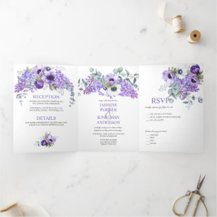 Invitation Trois Volets Anémones violettes et blanches, Lilacs violet Flor