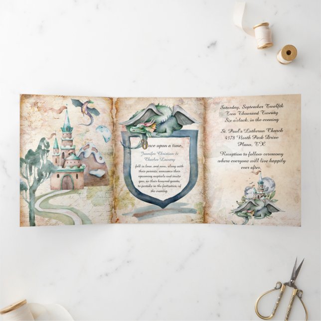 Invitation Trois Volets Antique Look Fairytale Dragon Mariage (Intérieur)