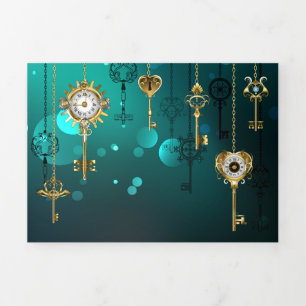 Invitation Trois Volets Antiques clés squelette sur fond vert