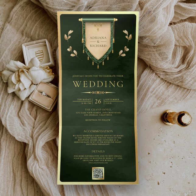 Invitation Trois Volets Antiquité Chasseur Vert Or Médiéval Mariage à Roul (Créateur téléchargé)