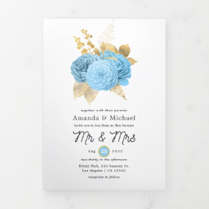 Invitation Trois Volets Aqua bleu et or floral mariage photo triptyque I