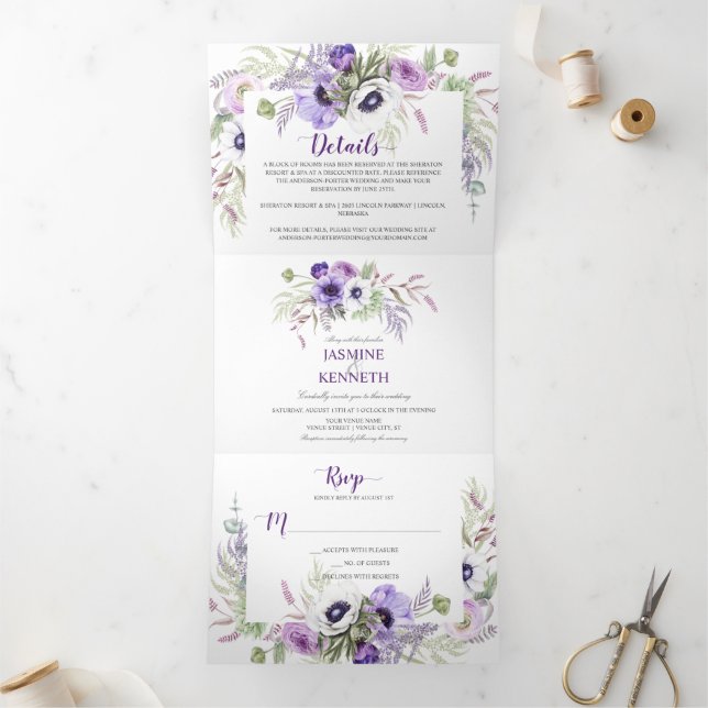 Invitation Trois Volets Aquarelle blanche violette Lavande Cadre floral | (Intérieur)