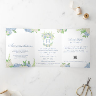 Invitation Trois Volets Aquarelle bleu et blanc Mariage de crête d'Hydrang