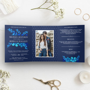 Invitation Trois Volets Aquarelle bleu marine Floral Mariage Photo