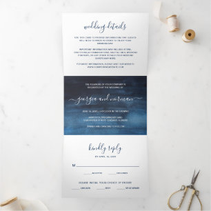 Invitation Trois Volets Aquarelle bleu marine simple Mariage moderne
