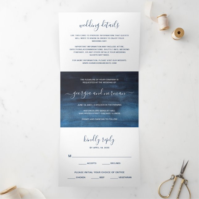 Invitation Trois Volets Aquarelle bleu marine simple Mariage moderne (Intérieur)