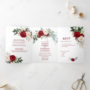 Invitation Trois Volets Aquarelle Bourgogne & Roses Blanches, Lily, Verdur