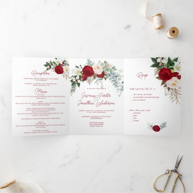 Invitation Trois Volets Aquarelle Bourgogne & Roses Blanches, Lily, W/Menu (Intérieur)