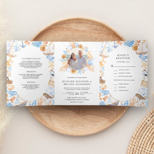 Invitation Trois Volets Aquarelle Cadre nautique Photo Collage Mariage