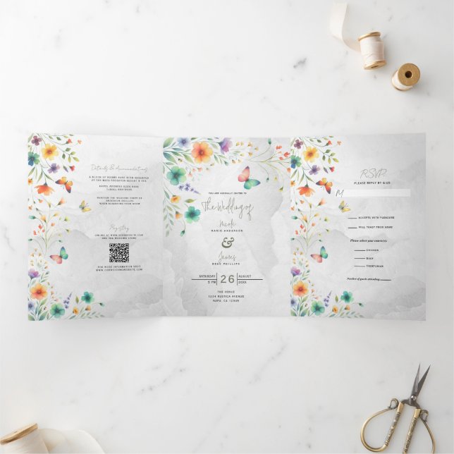 Invitation Trois Volets Aquarelle colorée Floral Butterfly Mariage (Intérieur)