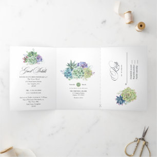 Invitation Trois Volets Aquarelle Desert Cactus Succulents Mariage Tri-Fo