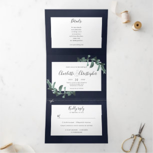 Invitation Trois Volets aquarelle eucalyptus bleu marine tout en un mariag