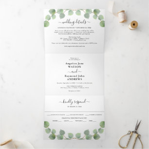 Invitation Trois Volets Aquarelle Eucalyptus & Mariage classique Gold