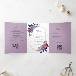 Invitation Trois Volets Aquarelle florale violet Mariage de code QR géomét