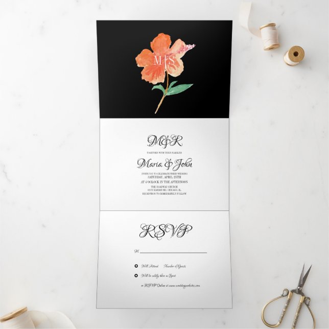 Invitation Trois Volets Aquarelle Hibiscus été Tropical Orange (Intérieur)