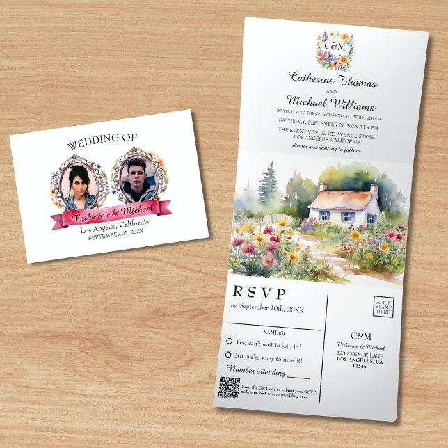 Invitation Trois Volets Aquarelle Jardin Fleur sauvage Printemps Mariage Q (Créateur téléchargé)