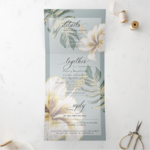 Invitation Trois Volets Aquarelle jaune ivoire Hibiscus Mariage de feuilla