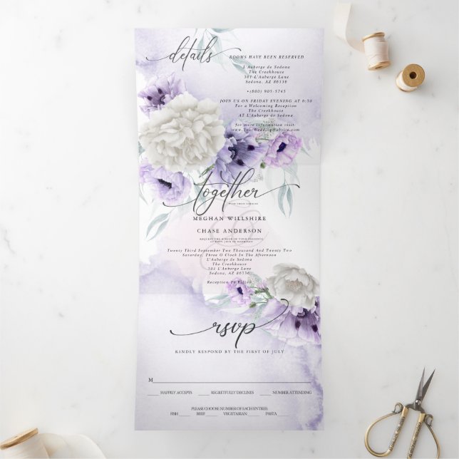 Invitation Trois Volets Aquarelle Lilac Floral TOUT EN UN MARIAGE (Intérieur)