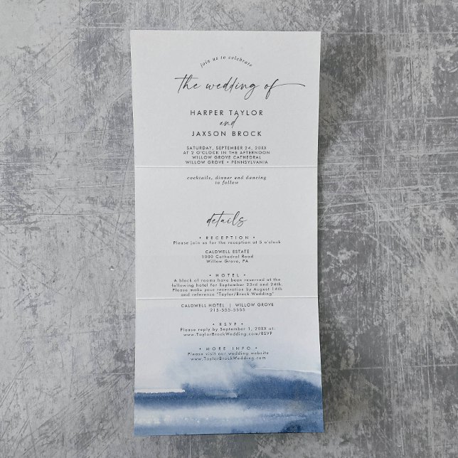 Invitation Trois Volets Aquarelle moderne | Mariage photo bleu tout en un (Créateur téléchargé)