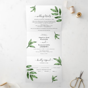 Invitation Trois Volets Aquarelle naturelle Peint à la main Mariage de ver