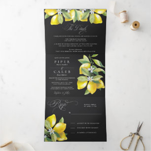 Invitation Trois Volets Aquarelle noire Citrus Lemon Blossom Mariage