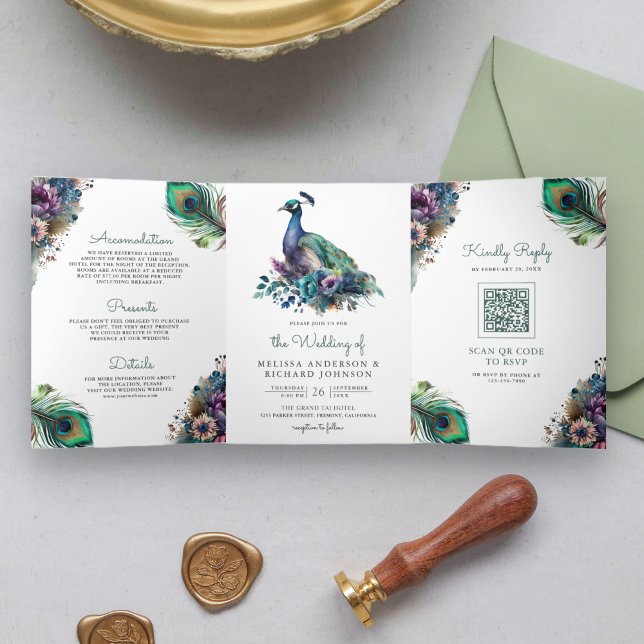 Invitation Trois Volets Aquarelle Peacock Plumes florales QR Code Mariage (Créateur téléchargé)