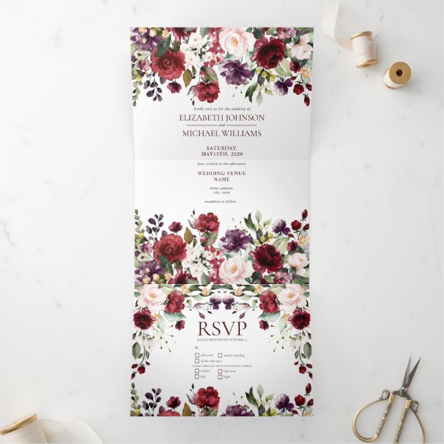 Invitation Trois Volets Aquarelle romantique Bourgogne Mariage Floral Tri- (Intérieur)