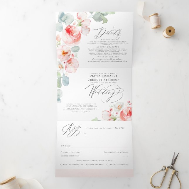 Invitation Trois Volets Aquarelle rose pâle douce Fleurs Mariage élégant (Intérieur)