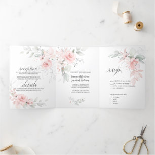 Invitation Trois Volets Aquarelle rose pâle Roses Sage Green Feuilles