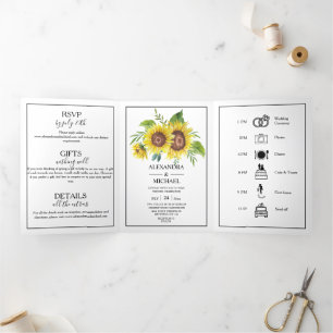 Invitation Trois Volets Aquarelle rustique Mariage de automne de tournesol