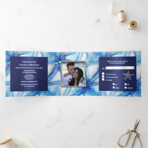 Invitation Trois Volets Aquarelle Starfish motif couples photo de plage