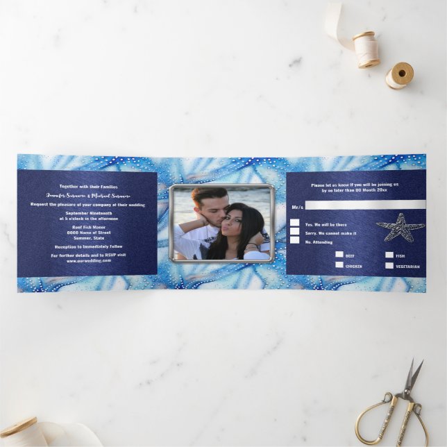 Invitation Trois Volets Aquarelle Starfish motif couples photo de plage (Intérieur)