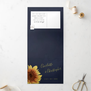 Invitation Trois Volets Aquarelle tournesol bleu marine tout en un mariage