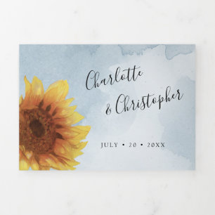 Invitation Trois Volets Aquarelle tournesol bleu rousse tout en un mariage