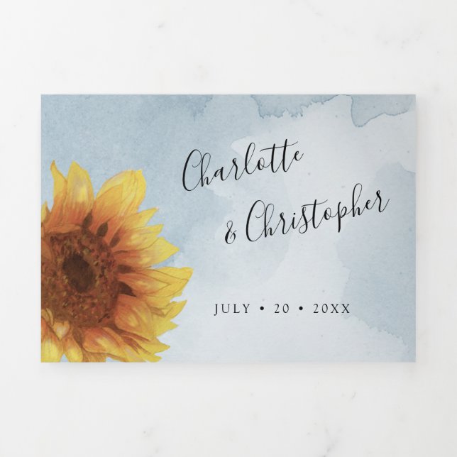 Invitation Trois Volets Aquarelle tournesol bleu rousse tout en un mariage (Page de couverture)