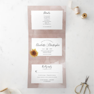 Invitation Trois Volets Aquarelle tournesol rousse rose tout en un mariage