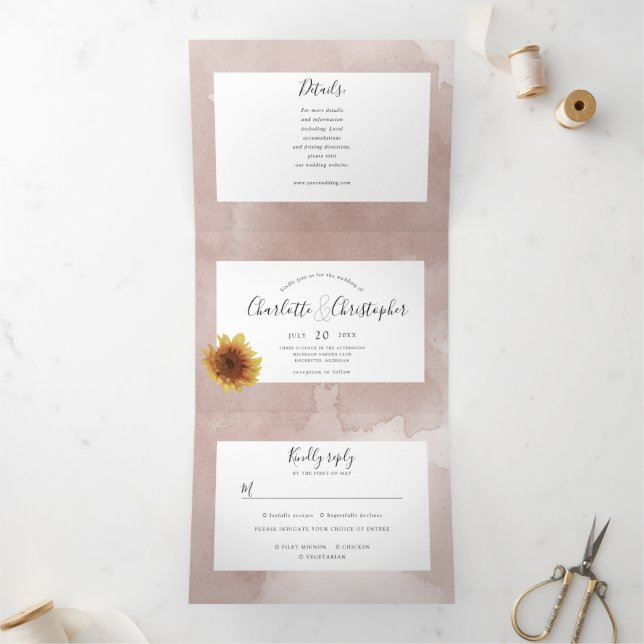 Invitation Trois Volets Aquarelle tournesol rousse rose tout en un mariage (Intérieur)
