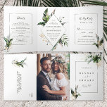 Invitation Trois Volets Aquarelle tropicale Feuillage vert Mariage<br><div class="desc">Ce tout en une carte faire-part de mariage tricoté présente un feuillage tropical vert aquarelle,  feuilles monstères,  feuilles de palmiers,  feuilles de bananes aux accents feuille faux or,  ajouter des détails mariages,  rsvp,  et votre photo. Il est parfait pour un mariage tropical,  été,  plage ou destination.</div>