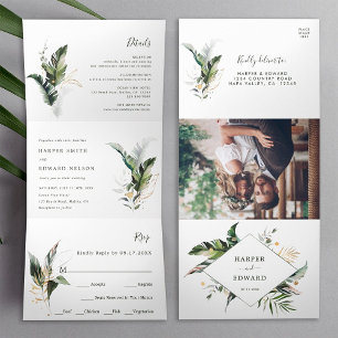 Invitation Trois Volets Aquarelle tropicale Feuille Mariage vert