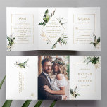 Invitation Trois Volets Aquarelle Tropicale Mariage de cadre Or Foliage<br><div class="desc">Ce tout en une carte de faire-part de mariage triplée comprend un feuillage tropical vert aquarelle, des feuilles de monstère, des feuilles de palmiers, des feuilles de banane avec un cadre géométrique faux or, des détails mariages, une invitation de mariage, et une carte postale rsvp pour vos invités à couper...</div>