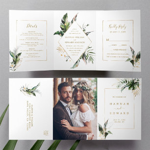 Invitation Trois Volets Aquarelle Tropicale Mariage de cadre Or Foliage