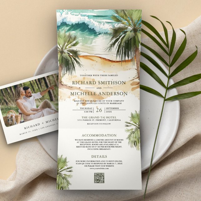 Invitation Trois Volets Aquarelle tropicale Palm Beach QR Code Mariage (Créateur téléchargé)