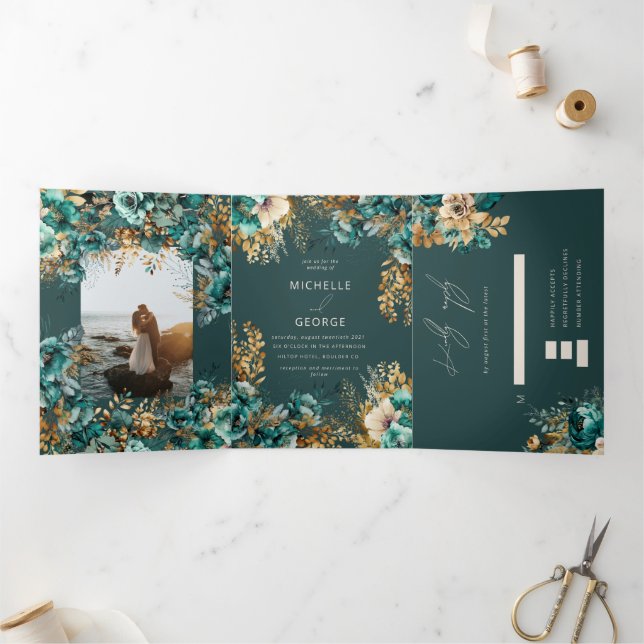 Invitation Trois Volets Aquarelle Turquoise or Floral (Intérieur)